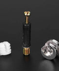No Sweat Cam Lock Nuts And Connecting Screws With Eccentric Wheels For Furniture Assembly A Rock Solid 300 Piece Kit: three components including a black connecting screw, metallic cam wheel, and nylon burial nut.