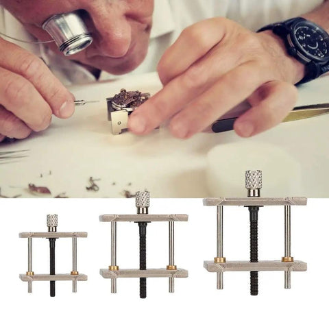3 Piece Watch Repair Tool Set With Plastic Movement Holder for Adjusting and Disassembling Movements in use by watchmaker