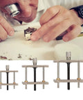 Watchmaker using Three Piece Watch Movement Holder Set Pro Grade Heavy Duty Metal Base For Stable Movement During Repairs Ideal Tool Kit