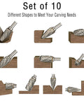10-piece long carbide burr set with 1/8 inch shank; tungsten carbide rotary bits for woodworking and metal engraving