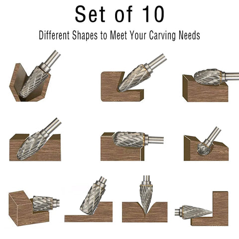 10-piece long carbide burr set with 1/8 inch shank; tungsten carbide rotary bits for woodworking and metal engraving