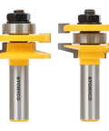 Kickass Hella Precise Cabinet Door Rail And Stile Router Bit Set With Half Inch Shanks showing two tungsten carbide bits with yellow guides.