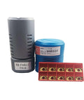 KinRite R8-FMB22 face mill arbor (gray) with blue BAP400R-50-22-4T case and red insert tray of 10 APMT1604PDER inserts