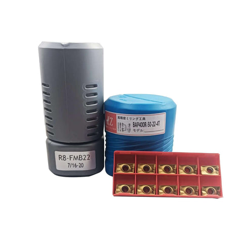 KinRite R8-FMB22 face mill arbor (gray) with blue BAP400R-50-22-4T case and red insert tray of 10 APMT1604PDER inserts