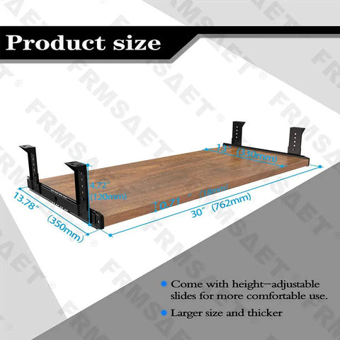 Slick Under Desk Keyboard Tray Platform Extra Wide 30 Inch Wooden Organizer, showcasing size dimensions and adjustable slides.