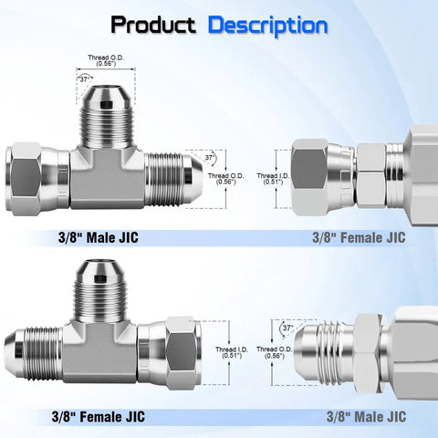 Run Tee Swivel Hose Fittings 3/8 JIC 9/16-18 SAE J514 Standard Carbon Steel Swivel Tee With 360 Degree Branch Port And 3/8 JIC Male Opposite Ports Easy Alignment And Less Hose Stress For Hydraulic Lines, 3/8 JIC