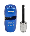 Premium Cord Drill Wire Stripper And Cable Sheathing Crimper Tool For Electrical Pros, blue aluminum design, with attachment for stripping cables.