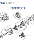 Exploded view of 12V DC Diaphragm Pump High Flow 1.8 GPM At 50 PSI with components and internal bypass, chemical resistant valves and diaphragm.