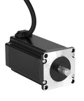 YEJMKJ Nema 23 stepper motor front view; black aluminum housing with silver faceplate and 4-wire cable