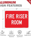 Heavy Duty Rustproof Aluminum Fire Riser Room Signs Two Pack, 10x7 inch, UV protected, waterproof, bold red design.