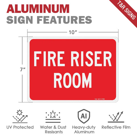 Heavy Duty Rustproof Aluminum Fire Riser Room Signs Two Pack, 10x7 inch, UV protected, waterproof, bold red design.
