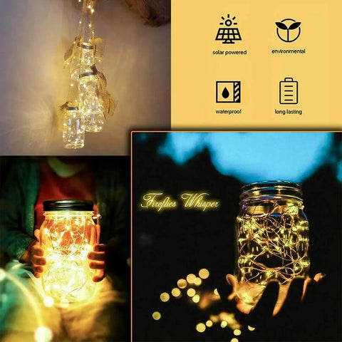 Solar Mason Jar Lights 12 Pack With 30 LED Fairy Firefly Jar Lids String Lights Waterproof glowing in hands at night.