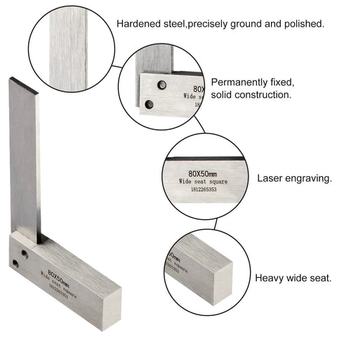4-piece machinist square set in hardened steel with wide base (80x50mm); laser-engraved