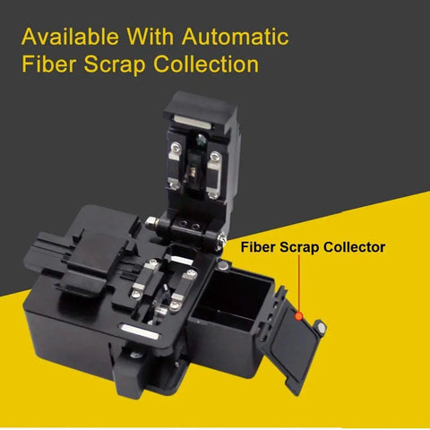 Pro Grade Ultra Precise FTTH Fiber Cleaver With 16 Cleaving Spots And 48000 Cleaves All In One Holder showing fiber scrap collector