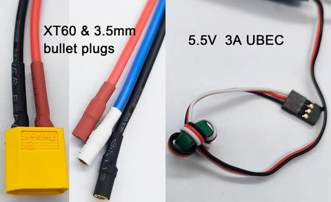 Close-up of 30A RC ESC with XT60 & 3.5mm bullet plugs, 5.5V 3A UBEC for brushless motors, 2 to 4S LiPo, high performance for drones.