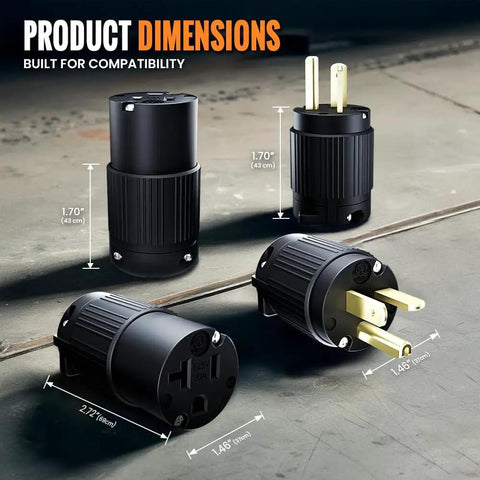 Heavy Duty NEMA 5-20R Plug End Replacement Kit For Extension Cords, 20A 2500W At 120-125V shown with dimensions.