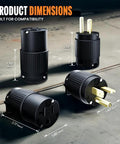 Heavy Duty 20 Amp NEMA 5-20 Plug and Receptacle Set 125 Volt 2-Pole 3-Wire with dimensions displayed