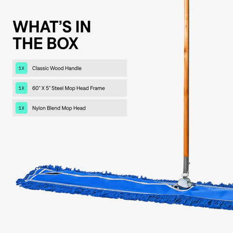 No Sweat Cleanup With This Commercial Grade Dust Mop And Sturdy Wood Handle Featuring Washable Head For Sweeping Hardwood Laminate Tile Store And Warehouse Floors Blue components including wood handle and nylon head.