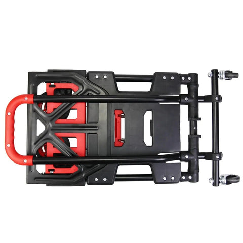 Heavy Duty Folding Hand Truck Dolly Cart For Moving And Hauling, Shopping, Travel And Office Use, folded black steel cart with red handle