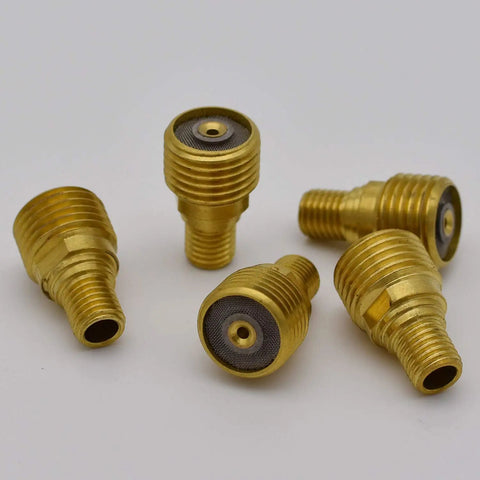 Five gold TIG Gas Lens Collet Body Set for WP 9 20 25 Torch, a real workhorse, arranged and compatible with major TIG welders.