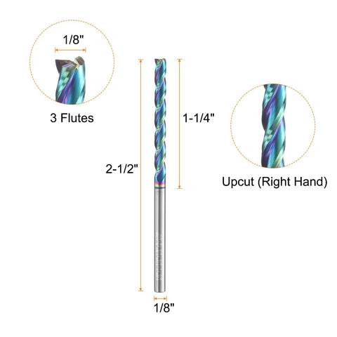 Up Cut Spiral Router Bit Set, 3 Flutes, 1/8 Inch Cutting Diameter, solid carbide with DLC coat, 2-1/2 Inch OAL, CNC milling tool