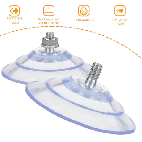 Heavy Duty Suction Cups With M8 Screws 4 Pack Seriously Tough Grip For Smooth Tile Glass And Car Windshields Clear Sucker Pads showing two transparent cups with steel screws.
