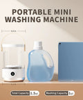 Compact Portable Mini Washing Machine For Dorm Life And Getaways Cordless Electric Washer For Underwear Socks And Baby Gear With Quick Type C Charging next to detergent and tablet, dimensions 5.1x8.3x5.6in.
