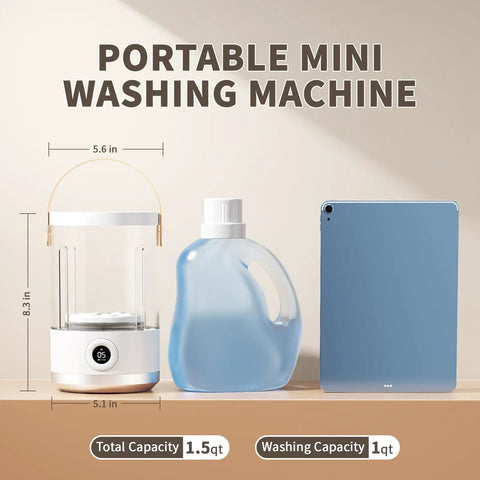 Compact Portable Mini Washing Machine For Dorm Life And Getaways Cordless Electric Washer For Underwear Socks And Baby Gear With Quick Type C Charging next to detergent and tablet, dimensions 5.1x8.3x5.6in.