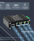 Beefy 3 Port Rugged Industrial Gigabit Din Rail Switch With 10/100/1000 Mbps Ethernet, 1 SFP Port, front view with connectivity
