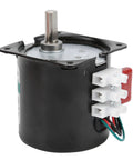 Heavy Duty 14 Watt Ac Synchronous Motor With High Torsion Metal Gears And Pure Copper Coil For Smooth Central Shaft Bracket Automated Industry Use at 110rpms showing side view and connection terminals.