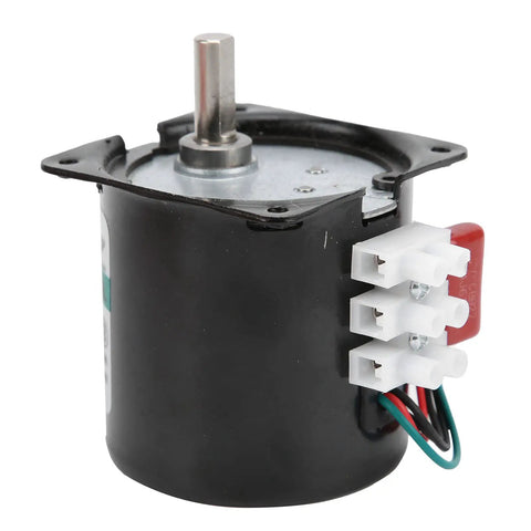 Heavy Duty 14 Watt Ac Synchronous Motor With High Torsion Metal Gears And Pure Copper Coil For Smooth Central Shaft Bracket Automated Industry Use at 110rpms showing side view and connection terminals.
