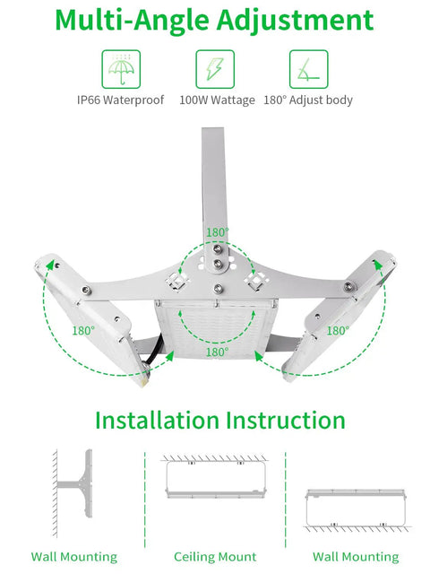 Beastly Bright 300W LED Flood Light 24000LM 6000K instructions showing 180 degree adjustable panels and IP66 waterproof rating
