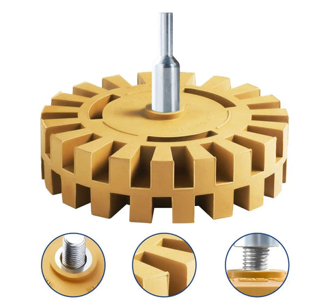Decal Remover Eraser Wheel For Drill, yellow rubber wheel tool, drill attachment, adhesive removal detail views