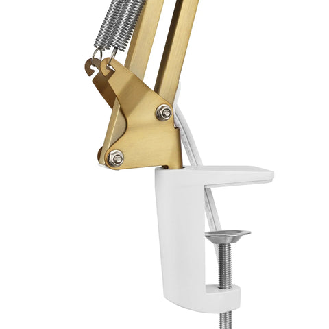 Close-up of clamp attachment on Clamp-On Swing Arm Desk Lamp In White With Nickel Accents 31.5 Inch Reach On Off Rotary Switch Book Reading Light For Home Office Decor LED Bulb Compatible.