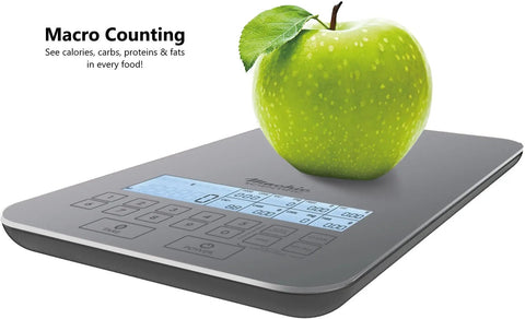 All In One Food Scale With Built In Nutrition Calculator For Easy Meal Prep And Real Weight Loss, 11 Lb Capacity, displaying apple