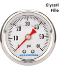 Pressure gauge, front view, 1.5-inch dial, stainless steel case, glycerin-filled, 0-60 psi, MEASUREMAN logo.