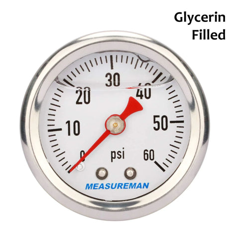 Pressure gauge, front view, 1.5-inch dial, stainless steel case, glycerin-filled, 0-60 psi, MEASUREMAN logo.