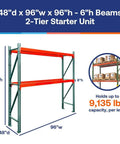 Heavy Duty 2 Tier Pallet Rack Starter Frame 48X96X96 Steel Warehouse Storage Rig with red beams and 9,135 lbs capacity