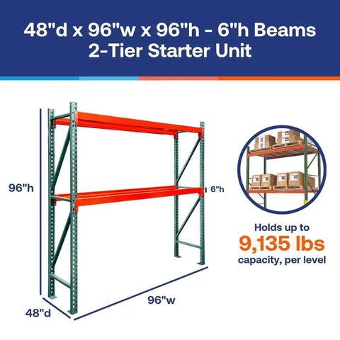 Heavy Duty 2 Tier Pallet Rack Starter Frame 48X96X96 Steel Warehouse Storage Rig with red beams and 9,135 lbs capacity