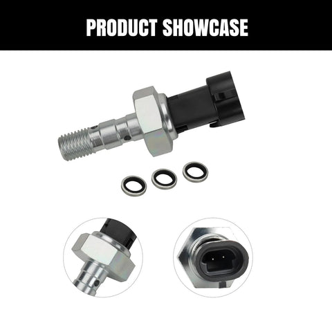Brake pressure switch with threaded metal stem and black connector; includes three O-rings.