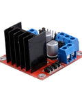 L298N Motor Drive Controller Board Module Dual H Bridge For Arduino Projects with capacitors and connectors, side view.