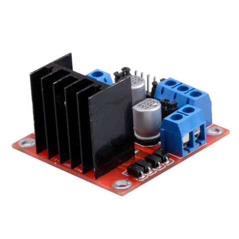 L298N Motor Drive Controller Board Module Dual H Bridge For Arduino Projects with capacitors and connectors, side view.