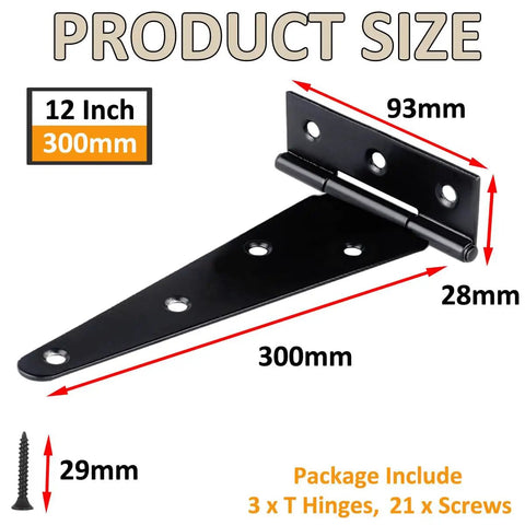 Heavy Duty T Shaped Hinges Pack Of 3 12 Inch Black Metal Foldable Gate Hardware For Garden Shed And Barn Doors Rust Proof Weather Resistant Slick Finish Built Tough No Sweat Setup Guaranteed with size measurements.