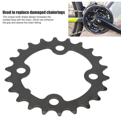 Two Pack 22 Tooth Bicycle Chainring For 104 BCD Cranks 64mm 8 9 10 Speed Replacement Carbon Steel With Four Sprocket Bolts For Road And Mountain Bikes Must Have Durable Upgrade For Easy Install, showing carbon steel chainring and bike installation.