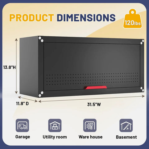 Sturdy 31.5 Inch Metal Wall Cabinet For Garage With Up Flip Door And Handle, Wall Mounted Floating Tool Storage Cabinet For Garage, Basement, And Warehouse, Tough As Nails Heavy Duty Steel Construction Built To Last, 31.5W x 11.8D x 13.8H