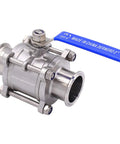 DERNORD 2 sanitary ball valve with blue lever, angled side view; 2-inch tri-clamp ends, stainless steel 304