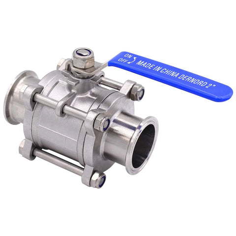 DERNORD 2 sanitary ball valve with blue lever, angled side view; 2-inch tri-clamp ends, stainless steel 304