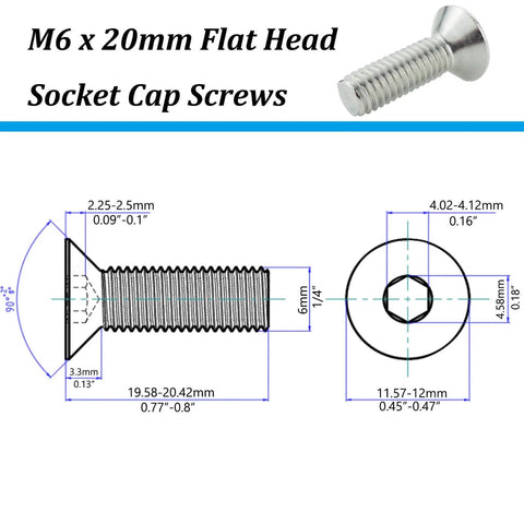 Technical diagram of M6 X 20mm Flat Head Socket Cap Screws 304 Stainless Steel with dimensions and hexagonal socket details.