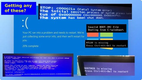 Five In One Windows Repair And Reinstall Bootable USB Drive For Fix, Recover, And Reinstall Windows 11, 10, And 7 displaying various boot errors