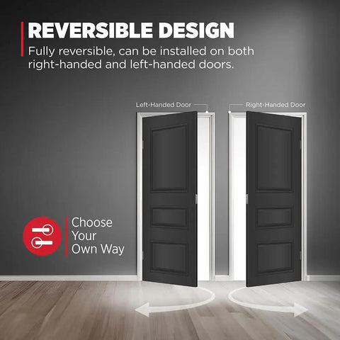 Two matte black doors showcasing the reversible design of Uptown Matte Black Single Cylinder Deadbolt Lock For Exterior Front Doors.